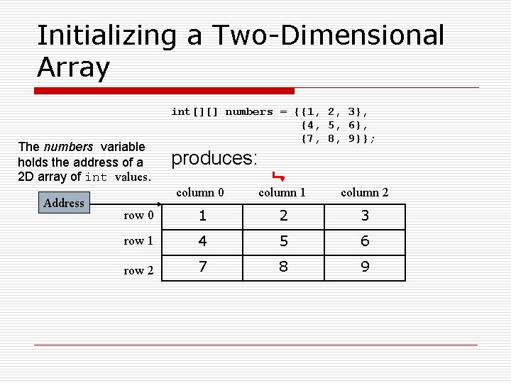 Initializing a Two-Dimensional Array The numbers variable holds the address of a 2 D