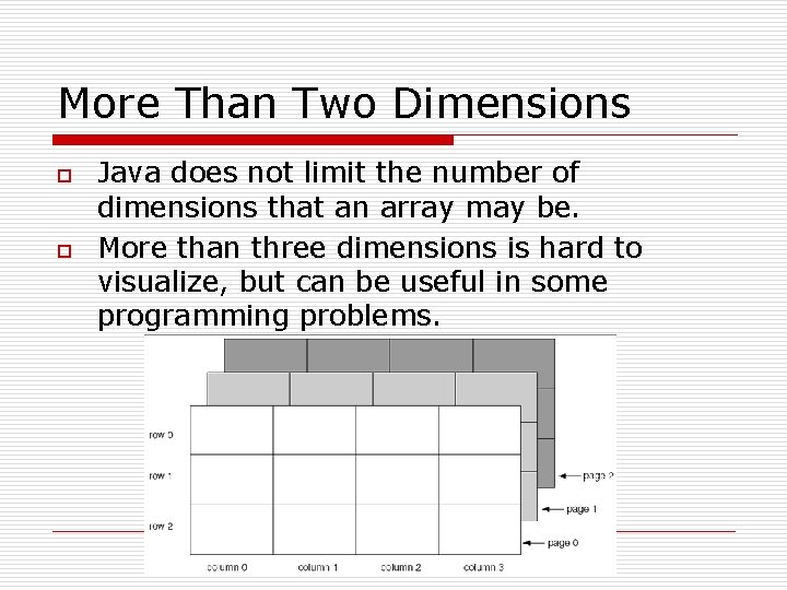 More Than Two Dimensions o o Java does not limit the number of dimensions