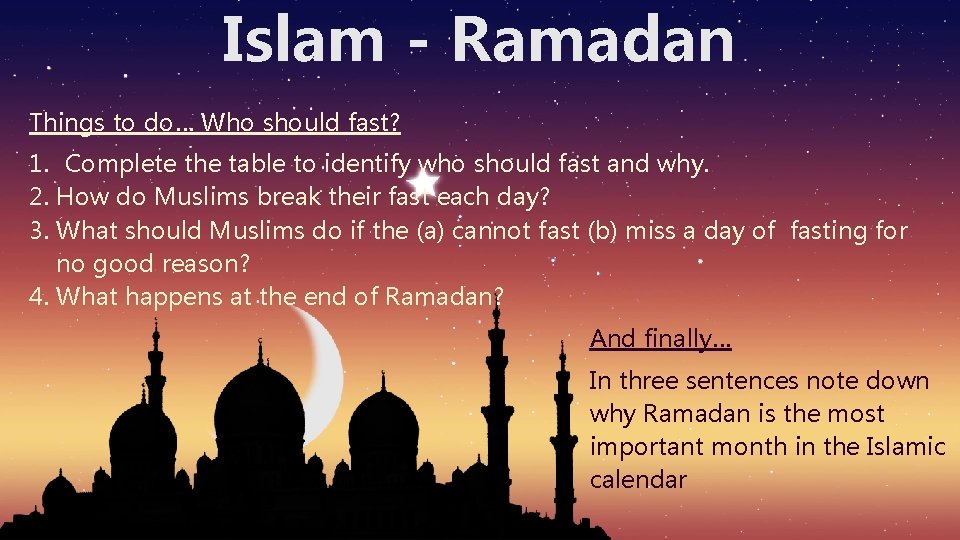 Islam - Ramadan Things to do… Who should fast? 1. Complete the table to