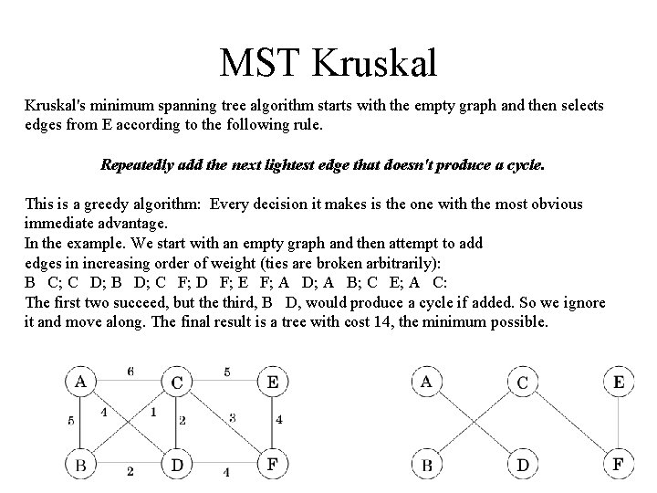 MST Kruskal's minimum spanning tree algorithm starts with the empty graph and then selects