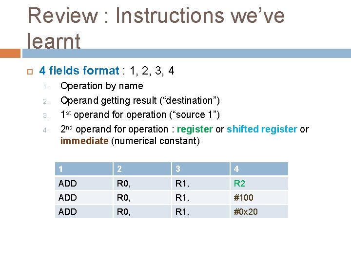 Review : Instructions we’ve learnt 4 fields format : 1, 2, 3, 4 1.