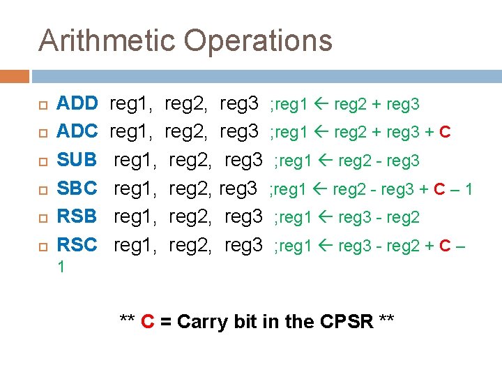 Arithmetic Operations ADD ADC SUB SBC RSB RSC reg 1, reg 1, reg 2,