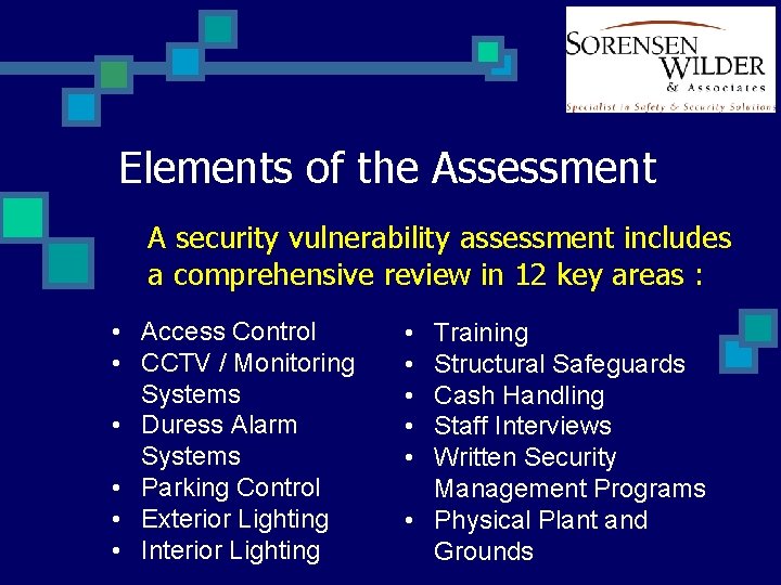 Elements of the Assessment A security vulnerability assessment includes a comprehensive review in 12