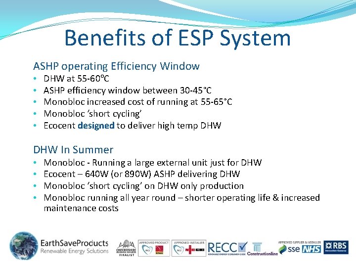 Benefits of ESP System ASHP operating Efficiency Window • • • DHW at 55 Benefits of ESP System ASHP operating Efficiency Window • • • DHW at 55