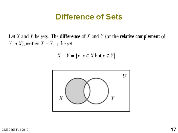 Difference of Sets CSE 2353 Fall 2010 17 