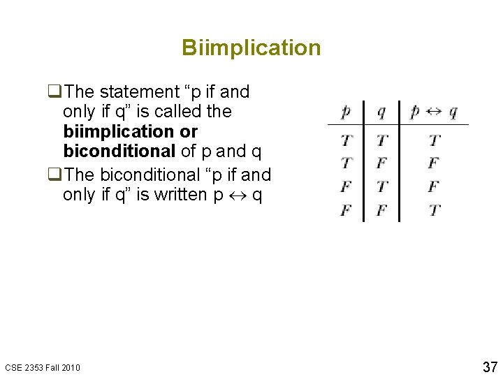 Biimplication q. The statement “p if and only if q” is called the biimplication