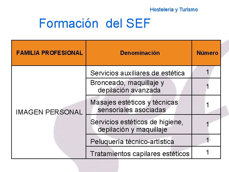 Hostelería y Turismo Formación del SEF FAMILIA PROFESIONAL IMAGEN PERSONAL Denominación Número Servicios auxiliares