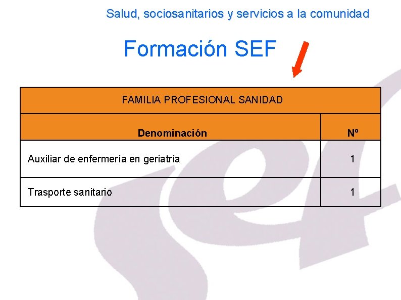 Salud, sociosanitarios y servicios a la comunidad Formación SEF FAMILIA PROFESIONAL SANIDAD Denominación Nº