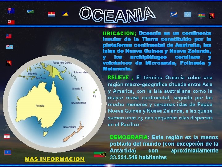 UBICACIÓN; Oceanía es un continente insular de la Tierra constituido por la plataforma continental