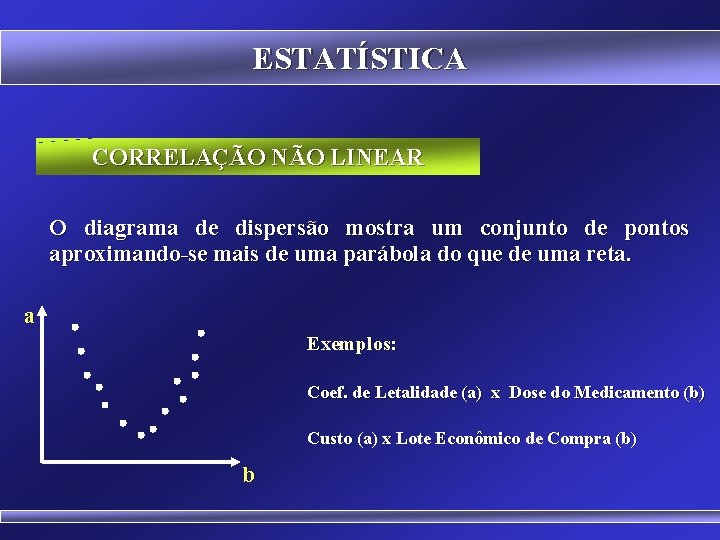 ESTATÍSTICA CORRELAÇÃO NÃO LINEAR O diagrama de dispersão mostra um conjunto de pontos aproximando-se