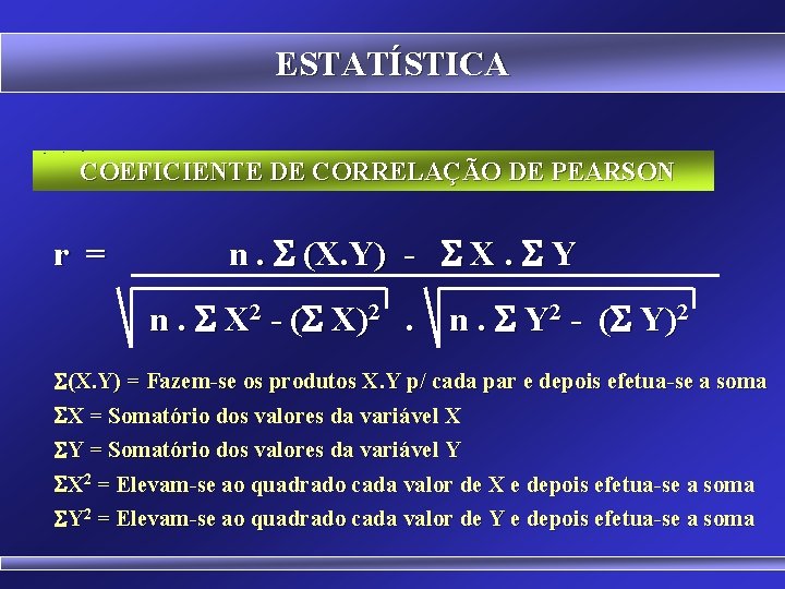 ESTATÍSTICA COEFICIENTE DE CORRELAÇÃO DE PEARSON r = n. (X. Y) - X. Y
