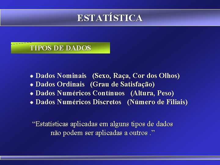 ESTATÍSTICA TIPOS DE DADOS Dados Nominais (Sexo, Raça, Cor dos Olhos) ® Dados Ordinais