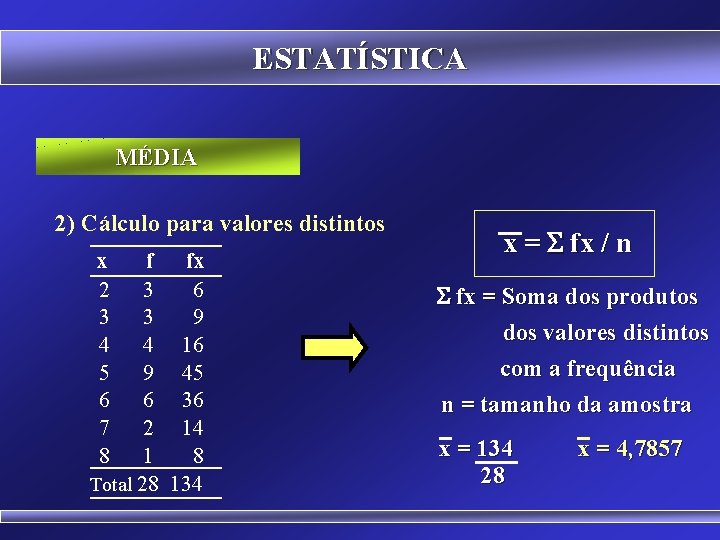 ESTATÍSTICA MÉDIA 2) Cálculo para valores distintos x 2 3 4 5 6 7
