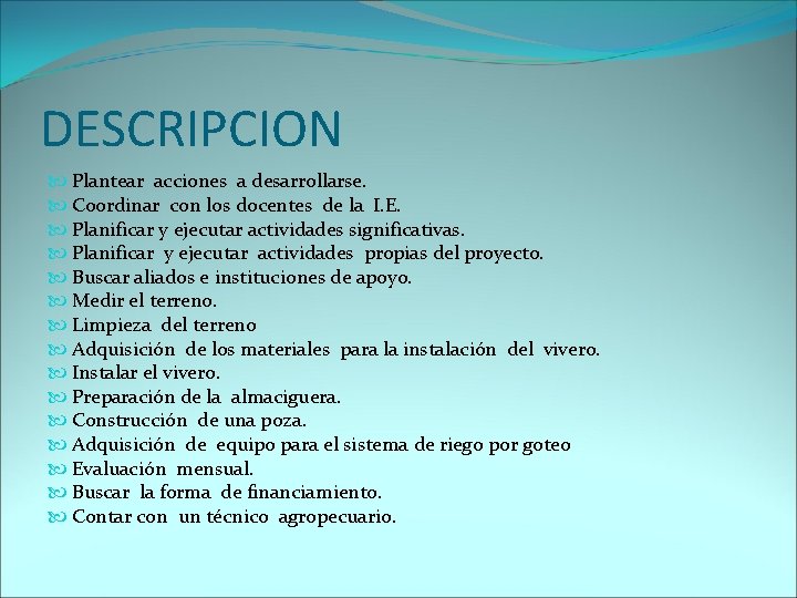 DESCRIPCION Plantear acciones a desarrollarse. Coordinar con los docentes de la I. E. Planificar