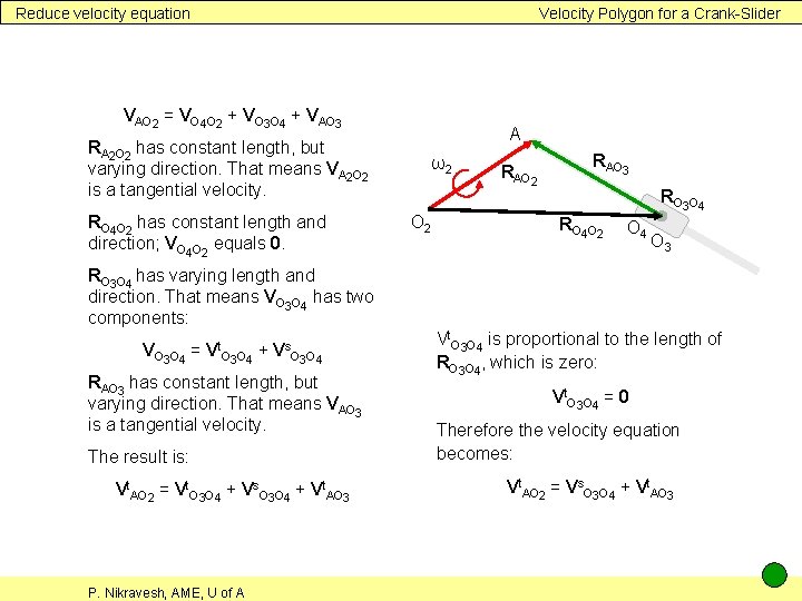 Reduce velocity equation Velocity Polygon for a Crank-Slider VAO 2 = VO 4 O Reduce velocity equation Velocity Polygon for a Crank-Slider VAO 2 = VO 4 O