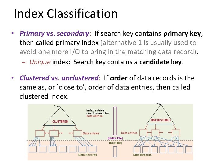 Index Classification • Primary vs. secondary: If search key contains primary key, then called