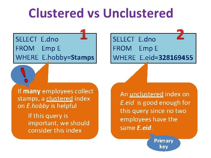 Clustered vs Unclustered 1 2 SELECT E. dno FROM Emp E WHERE E. hobby=Stamps