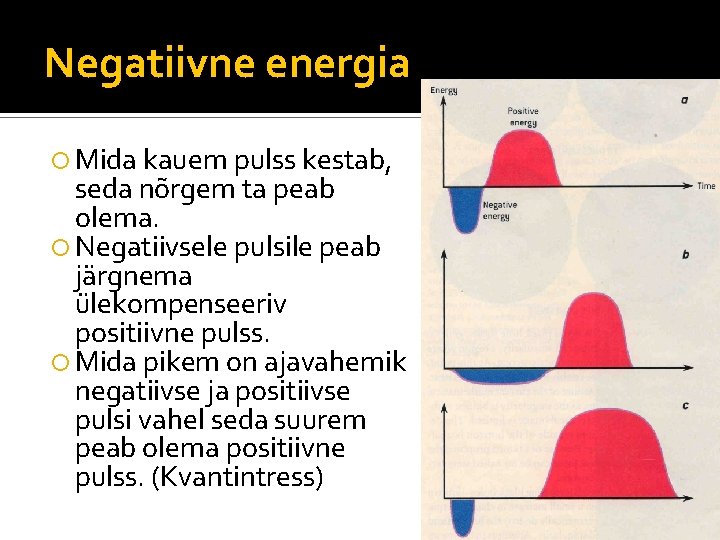 Negatiivne energia Mida kauem pulss kestab, seda nõrgem ta peab olema. Negatiivsele pulsile peab