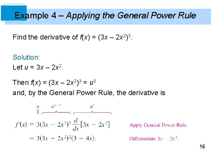 Example 4 – Applying the General Power Rule Find the derivative of f(x) = Example 4 – Applying the General Power Rule Find the derivative of f(x) =