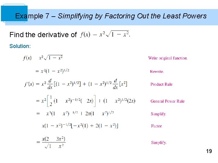Example 7 – Simplifying by Factoring Out the Least Powers Find the derivative of Example 7 – Simplifying by Factoring Out the Least Powers Find the derivative of