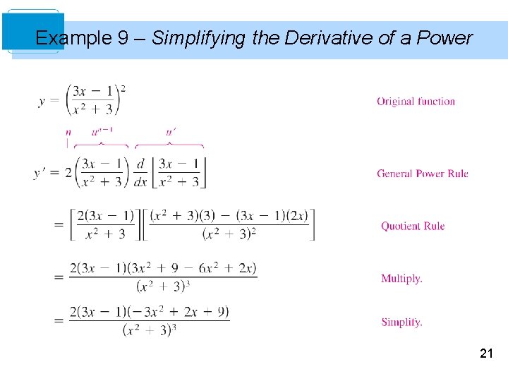 Example 9 – Simplifying the Derivative of a Power 21 Example 9 – Simplifying the Derivative of a Power 21
