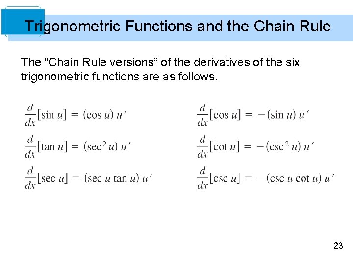 Trigonometric Functions and the Chain Rule The “Chain Rule versions” of the derivatives of Trigonometric Functions and the Chain Rule The “Chain Rule versions” of the derivatives of