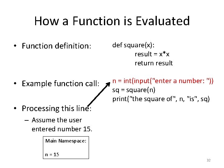 How a Function is Evaluated • Function definition: def square(x): result = x*x return