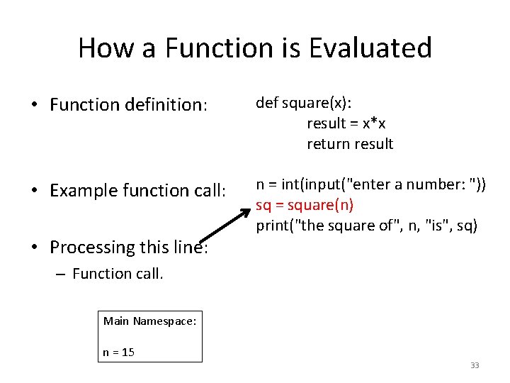 How a Function is Evaluated • Function definition: def square(x): result = x*x return