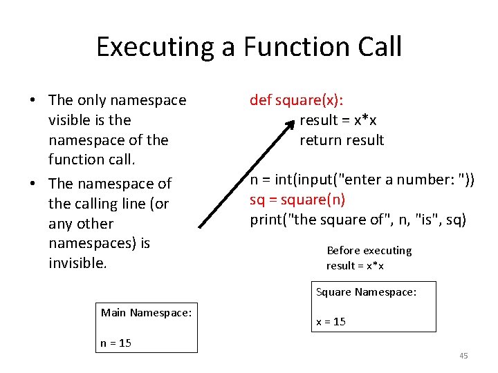 Executing a Function Call • The only namespace visible is the namespace of the