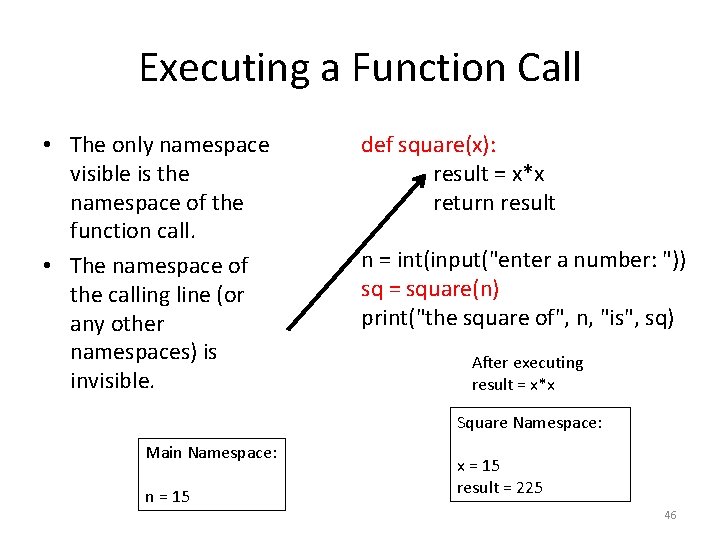 Executing a Function Call • The only namespace visible is the namespace of the