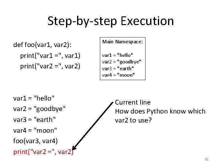 Step-by-step Execution def foo(var 1, var 2): print("var 1 =", var 1) print("var 2