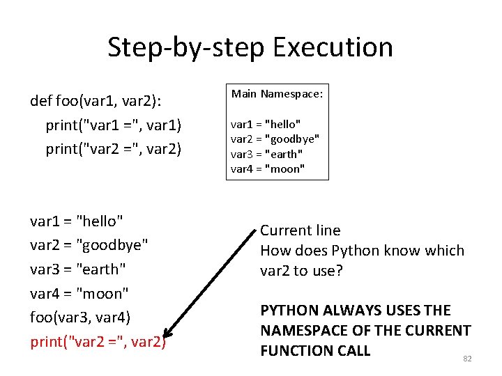 Step-by-step Execution def foo(var 1, var 2): print("var 1 =", var 1) print("var 2