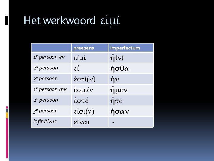 Het werkwoord εἰμί 1 e persoon ev 2 e persoon 3 e persoon 1