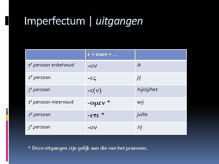 Imperfectum | uitgangen ἐ + stam + … 1 e persoon enkelvoud -ον ik