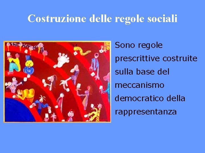 Costruzione delle regole sociali Sono regole prescrittive costruite sulla base del meccanismo democratico della