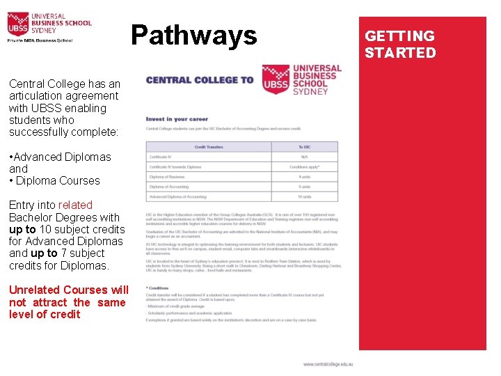  Pathways Central College has an articulation agreement with UBSS enabling students who successfully