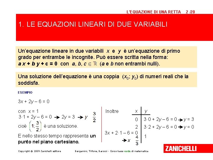 L’EQUAZIONE DI UNA RETTA 2 /20 1. LE EQUAZIONI LINEARI DI DUE VARIABILI Un’equazione