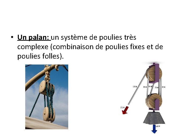  • Un palan: un système de poulies très complexe (combinaison de poulies fixes