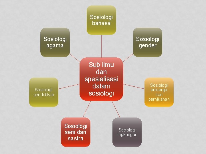 Sosiologi bahasa Sosiologi agama Sosiologi pendidikan Sosiologi gender Sub ilmu dan spesialisasi dalam sosiologi