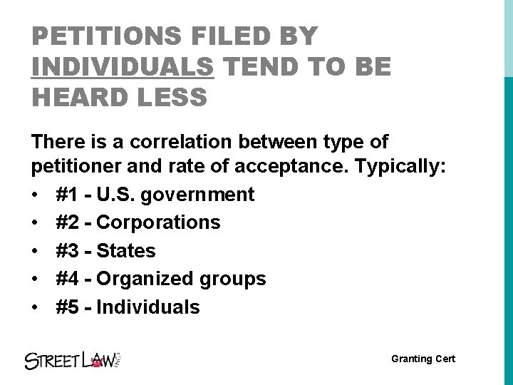 PETITIONS FILED BY INDIVIDUALS TEND TO BE HEARD LESS There is a correlation between