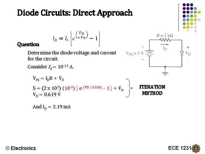 Diode Circuits: Direct Approach Question Determine the diode voltage and current for the circuit.