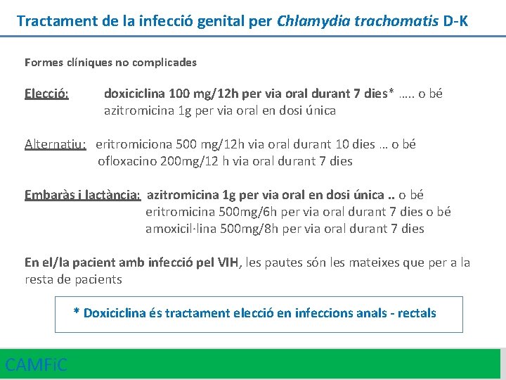 Tractament de la infecció genital per Chlamydia trachomatis D-K Formes clíniques no complicades Elecció: