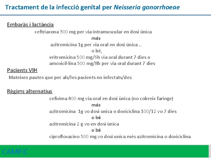 Tractament de la infecció genital per Neisseria gonorrhoeae Embaràs i lactància ceftriaxona 500 mg