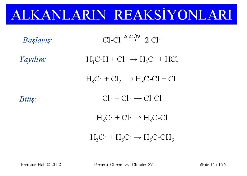 ALKANLARIN REAKSİYONLARI Başlayış: Yayılım: Cl-Cl Δ or h → 2 Cl· H 3 C-H