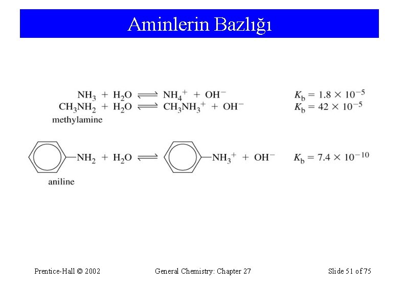 Aminlerin Bazlığı Prentice-Hall © 2002 General Chemistry: Chapter 27 Slide 51 of 75 