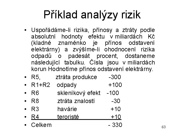 Příklad analýzy rizik • Uspořádáme-li rizika, přínosy a ztráty podle absolutní hodnoty efektu v Příklad analýzy rizik • Uspořádáme-li rizika, přínosy a ztráty podle absolutní hodnoty efektu v