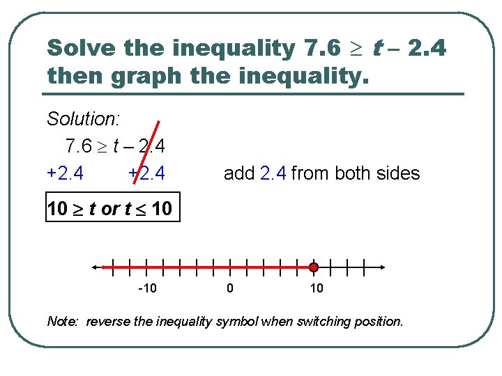 Solve the inequality 7. 6 t – 2. 4 then graph the inequality. Solution: