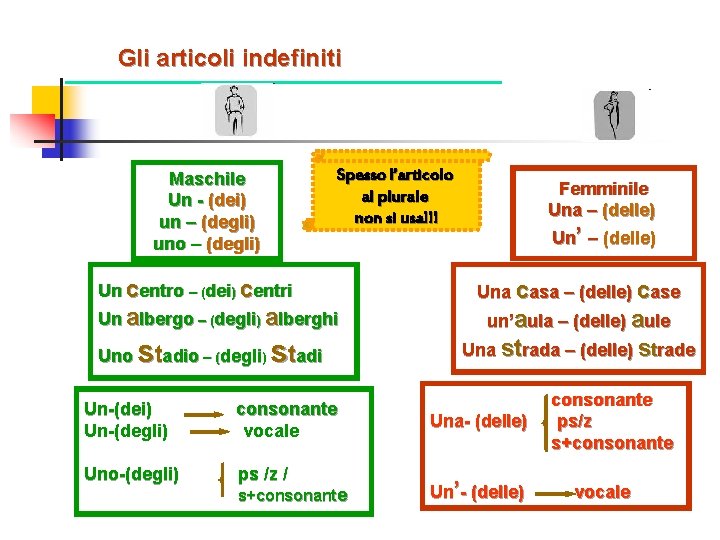 Gli articoli indefiniti Maschile Un - (dei) un – (degli) uno – (degli) Spesso