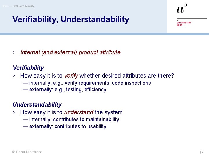 ESE — Software Quality Verifiability, Understandability > Internal (and external) product attribute Verifiability >