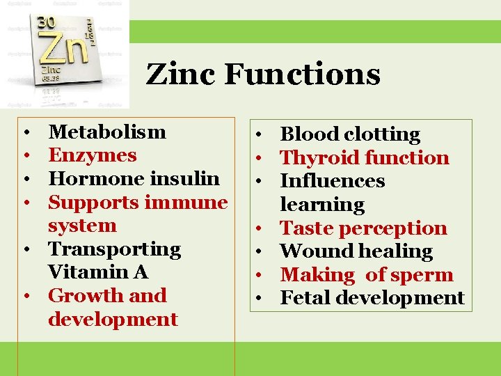  Zinc Functions • • Metabolism Enzymes Hormone insulin Supports immune system • Transporting